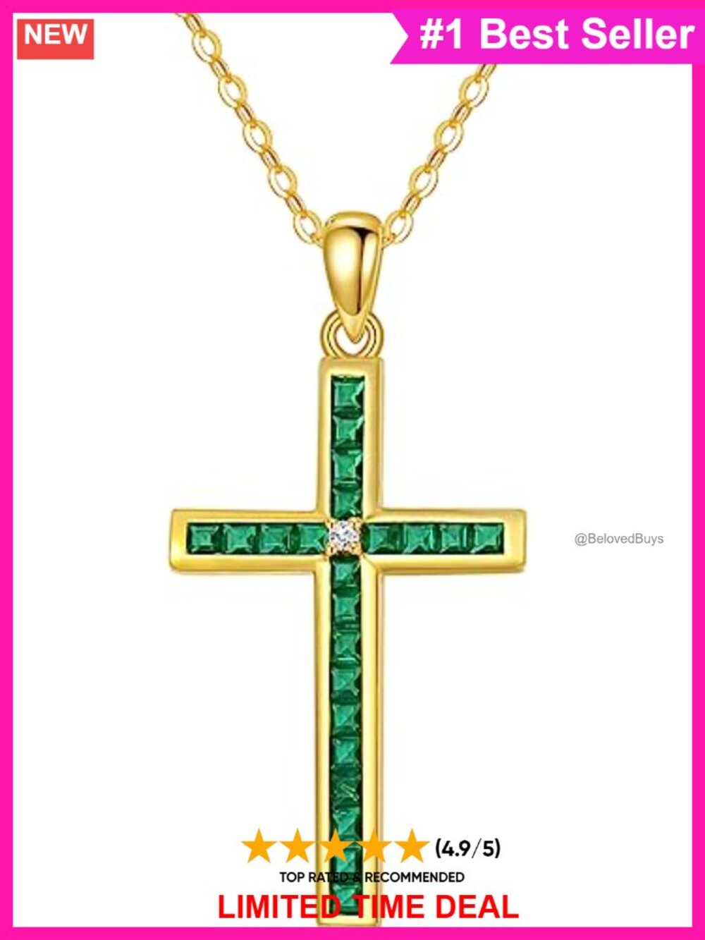 14K Yellow Gold Cross Pendant Necklace Created Emerald 16-18" Adjustable